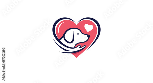 Heart-shaped logo featuring a cute dog silhouette and a small white heart symbol representing animal care and pet adoption.