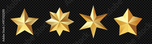 Set of realistic golden 3D stars with metallic texture isolated on transparent background