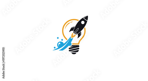 Creative concept of a rocket ship launching from inside a lightbulb with water splashes symbolizing a powerful start for new ideas.