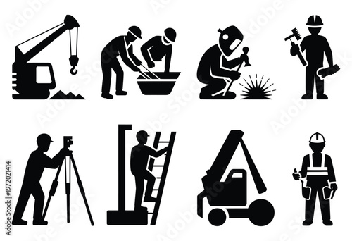 Construction worker silhouette icon set, builder and contractor job symbols, labor and safety vector illustrations, hard hat and tool icons, editable silhouettes for building and construction