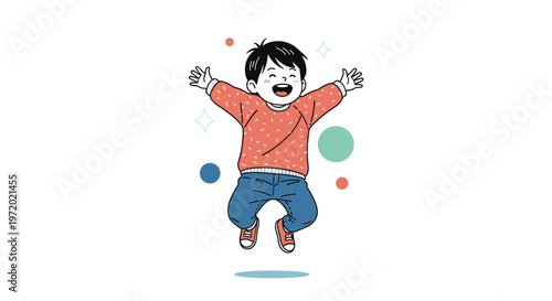 Joyful young boy jumping high in the air with arms outstretched and a big smile surrounded by colorful decorative dots and stars.