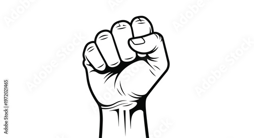 Black and white line drawing of a raised clenched fist representing strength, solidarity, resistance, and the fight for human rights.