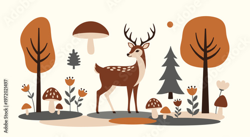 Charming autumn woodland illustration featuring a brown deer standing peacefully amidst trees, mushrooms, and warm seasonal foliage.