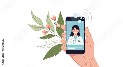 Hand holding a smartphone displaying a telemedicine call with a smiling female doctor wearing a stethoscope and white coat with flowers.