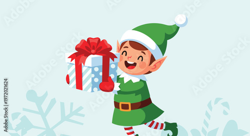 Cheerful Christmas elf character dressed in green holding a large white gift box with a red ribbon and blue polka dots on background.