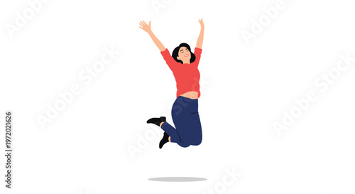 Happy young woman jumping for joy with her arms raised in the air against a white background representing success and freedom.