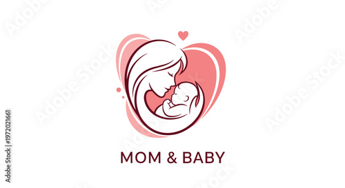 Elegant logo showing a mother's silhouette tenderly holding a baby inside a pink heart shape with the words MOM AND BABY.