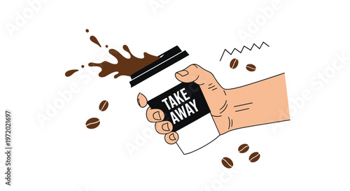 Hand holding a take-away coffee cup with a dynamic splash and coffee beans scattered around representing caffeine energy and quick service.
