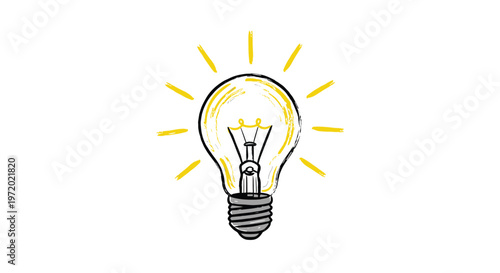 Hand-drawn style glowing lightbulb illustration with yellow light rays on a white background representing a bright idea and creativity.