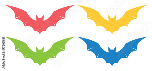 Colorful bat silhouettes set, flat vector halloween bat icons in red yellow green and blue, spooky flying animal graphics for party decor