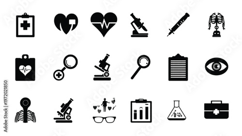 Set of diagnosis process silhouettes with medical checkup and evaluation flow elements
