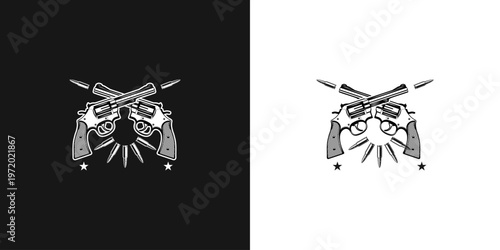 Vintage western gun emblem crossed revolvers and ammunition illustration.