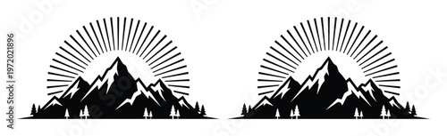 Vintage mountain landscape vector set, black and white mountain peaks with sunburst rays, outdoor adventure wilderness icons for logo design