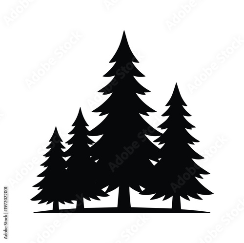 Pine tree silhouette vector icon, black evergreen forest group on white background, minimalist coniferous fir trees for outdoor adventure logos
