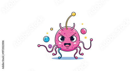 Pink extraterrestrial monster or germ character with multiple tentacles and expressive eyes floating in white space.