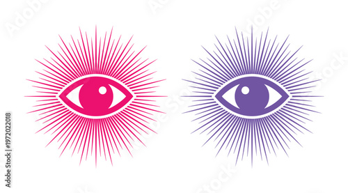 Mystical third eye sunburst icons, spiritual providence eye symbols in pink and purple, esoteric occult vision vector set for tarot and magic