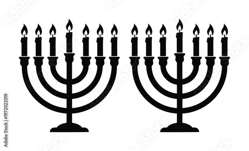Hanukkah menorah black silhouette vector, traditional Jewish chanukiah with burning candles, religious holiday candelabra icons on white background