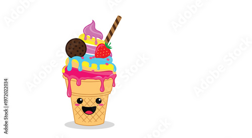 Adorable colorful ice cream cone character with a happy face topped with strawberry cookie and chocolate wafer stick.