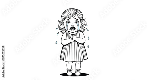 Crying young girl in a striped dress with tears running down her face depicted in detailed black and white line art.