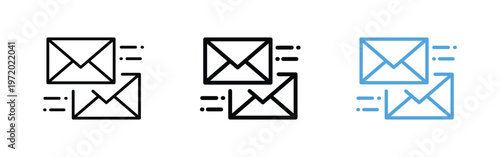 Email communication icon with envelopes and motion lines representing message sending, fast delivery, digital correspondence for web and app interface design. Transparent PNG and vector