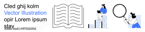 Education, data analysis, business growth, research, information, study. Open book with text lines alongside two figures analyzing data and studying. Education and data analysis concept