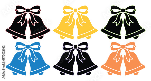 Christmas bell icons with ribbon bows, colorful holiday wedding bells set of 6 vector illustrations, festive jingle bell silhouettes for winter celebration