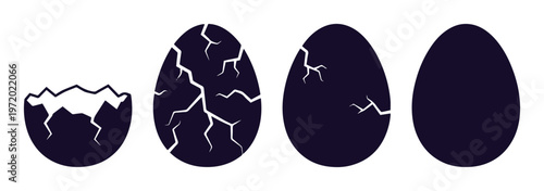 Cracked egg hatching sequence vector icons, dark purple eggshell breaking process, set of 4 stages showing birth and growth progress