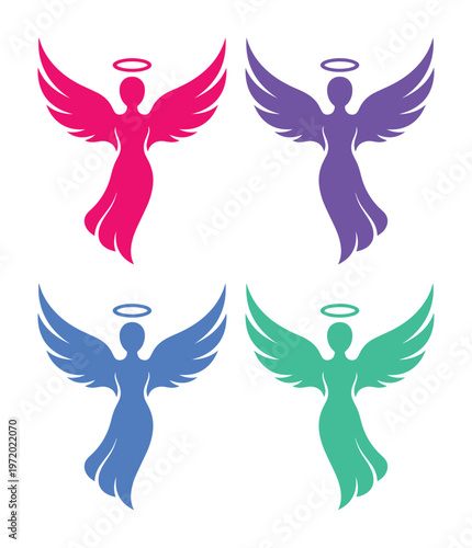 Graceful angel silhouette vector set, colorful heavenly spirit icons with wings and halos, set of 4 religious guardian angel symbols for design