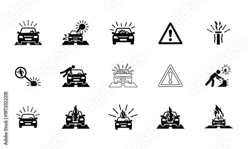 Illustrations of various vehicle accident and safety warning scenarios