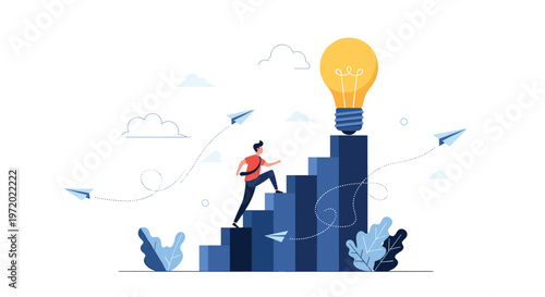Businessman climbing a set of blue stairs toward a giant glowing light bulb symbolizing innovation and success.