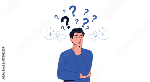 Confused man in a blue sweater touching his chin with many blue question marks floating above his head.