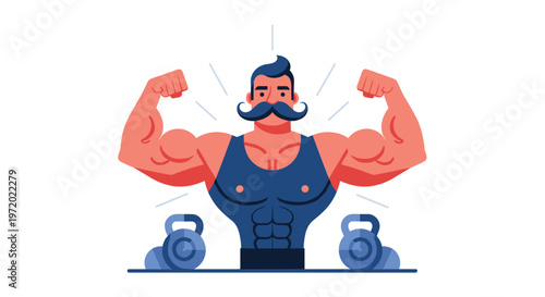 Powerful muscular man with a large mustache flexing both arms with kettlebells in the foreground for fitness theme.