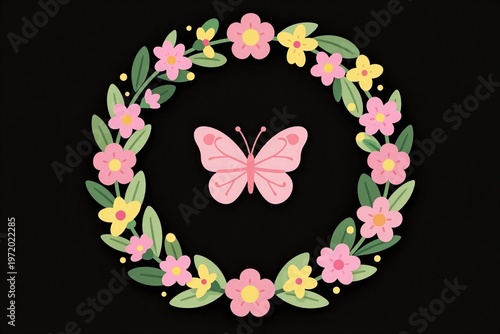 A circle of flowers and a butterfly on a black background