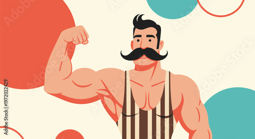 Muscular man with a large handlebar mustache flexing his strong bicep against a colorful geometric background.