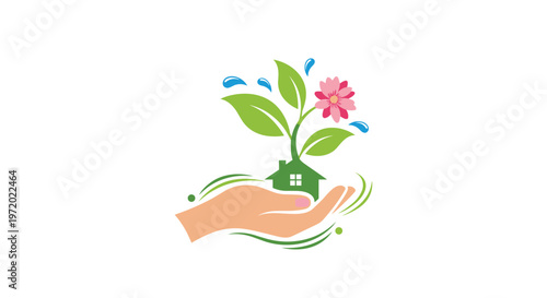 Caring hand holding a small green house icon with a growing pink flower and water drops representing eco friendly home.