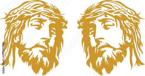 Jesus Christ portrait icon set with crown of thorns and Christian symbols including cross and crucifix on white background, ideal for religious and spiritual designs.