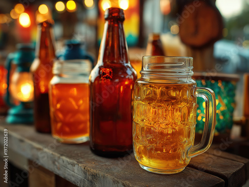 Rustic wooden table with craft beer bottles vibrant accents and warm lighting