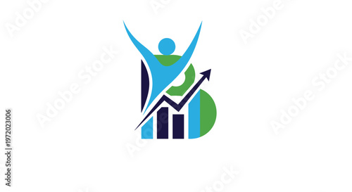Abstract business logo featuring a human figure and upward arrow incorporated into a stylized letter B with bar chart icons.