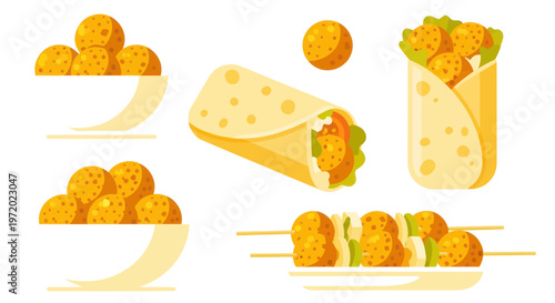 Delicious Falafel Food Set: Balls, Wraps, and Skewers - Vector Illustration
