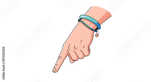 Detailed hand illustration wearing two blue bracelets pointing downwards with the index finger on a white background.