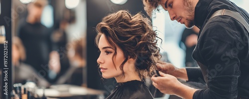 Professional hair stylist working in modern salon, beauty industry concept