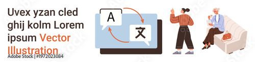 Language learning, localization, communication, cultural exchange, global interaction, education. Speech bubbles with translation arrows. Language learning and localization concept