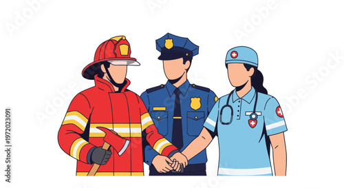 Firefighter, Police Officer, and Nurse Unite in Teamwork Concept Illustration