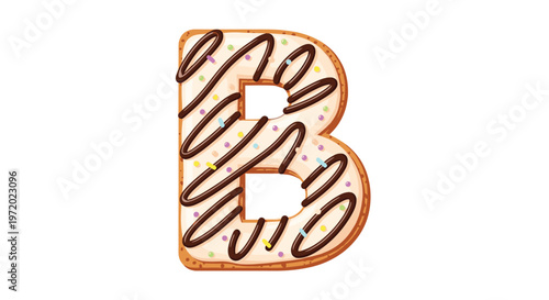 Decorative letter B designed as a sweet glazed cookie with chocolate drizzle and colorful sprinkles on a white background.