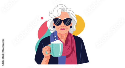 Stylish elderly woman with white hair wearing black sunglasses and a pink scarf while holding a cup of frothy coffee.