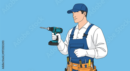 Professional handyman in a blue uniform and cap holding an electric drill with a full tool belt around his waist for work.