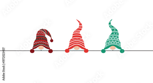 Three cute Christmas gnomes with colorful patterned hats peeking over a horizontal line on a white background for cards.