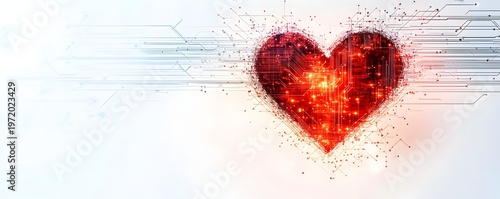 Digital heart symbol made of glowing pixels and circuit lines on white background