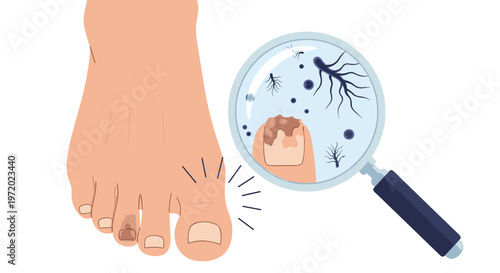 Close up of a foot with a fungal nail infection being examined under a magnifying glass showing microscopic germs.