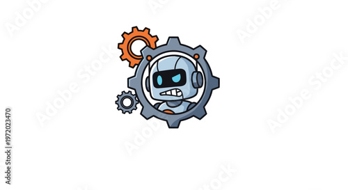 Angry little robot character trapped inside a system of mechanical gears representing technical errors and malfunctions.